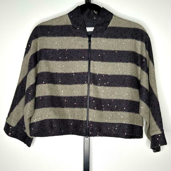 Brunello Cucinelli Women Stripe Cardigan - Grey and Blue - Size-up - Picture 1 of 10